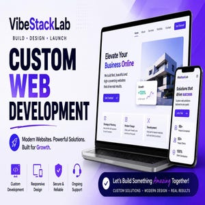 May include: A digital marketing graphic for VibeStackLab featuring a laptop and smartphone displaying a custom web development website. The purple and white layout includes text such as Custom Web Development, Elevate Your Business Online, and Let's Build Something Amazing Together, alongside icons for development, design, and support.