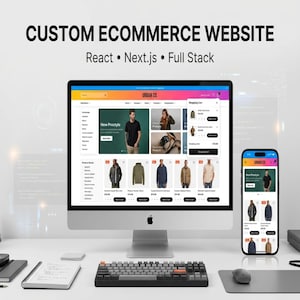 May include: A computer monitor and a smartphone displaying a custom e-commerce website named Urban Co. The screen shows a product catalog with clothing items, a shopping cart overlay, and the text Custom Ecommerce Website React Next.js Full Stack.