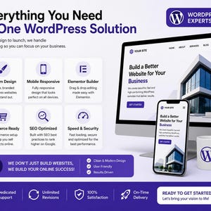 May include: A digital marketing graphic for WordPress services featuring a computer monitor and smartphone displaying a website, a white mug with a WordPress logo, and text listing features like custom design, mobile responsiveness, and SEO optimization.