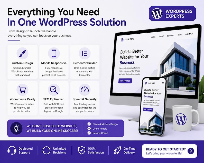 May include: A digital marketing graphic for WordPress services featuring a computer monitor and smartphone displaying a website, a white mug with a WordPress logo, and text listing features like custom design, mobile responsiveness, and SEO optimization.