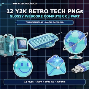 Może przedstawiać: Cyfrowa kolekcja 12 plików PNG w stylu retro Y2K z błyszczącymi grafikami komputerowymi webcore. Zestaw zawiera przezroczystą niebieską obudowę komputera, monitor, klawiaturę, globus, ikonę uśmiechniętej buźki, kopertę i pamięć USB na ciemnym tle.