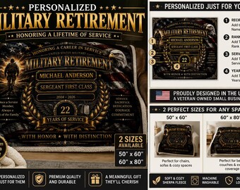 Personalized Military Retirement Sherpa Blanket, Custom Service Years Keepsake