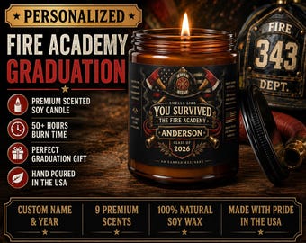 Bougie de fin d'études personnalisée pour une école de pompiers, avec nom et année de promotion.