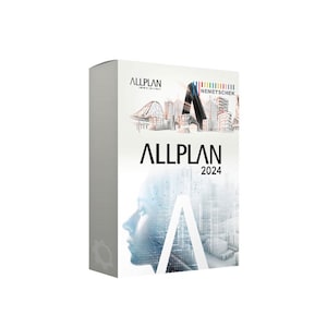 Può includere: Una scatola software rettangolare bianca per Allplan 2024 di Nemetschek. La parte anteriore presenta un grafico di uno skyline cittadino, il profilo di un volto umano e una grande lettera A. Il testo Allplan e 2024 è chiaramente visibile sulla superficie.