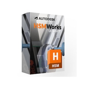 Op de afbeelding: Een rechthoekige softwareproductdoos voor Autodesk HSMWorks Ultimate. De verpakking heeft een witte en grijze geometrische achtergrond met een opvallend oranje vierkant icoon met een witte letter H en de tekst HSM onderaan.