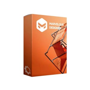 May include: A rectangular orange software box featuring the white Marvelous Designer logo and text on the front. The design includes a white hexagonal icon with a stylized M and a graphic of a wireframe structure layered over the orange background.