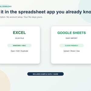 Może przedstawiać: Grafika cyfrowa z tekstem 'Use it in the spreadsheet app you already know'. Dwa białe pola pokazują kompatybilność: 'EXCEL .XLSX FILE WINDOWS + MAC Open Edit Duplicate' oraz 'GOOGLE SHEETS EASY IMPORT CLOUD FRIENDLY Upload Share Use'.