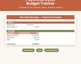 Arkusz kalkulacyjny do śledzenia budżetu wynagrodzeń, dwutygodniowy planer rachunków i wydatków, Arkusze Google Excel do pobrania w wersji cyfrowej