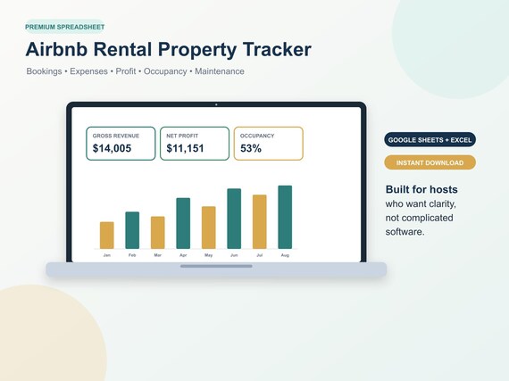 Airbnb Rental Property Spreadsheet, Income Expense Tracker, Vacation Rental Bookkeeping, Booking Calendar, Profit Dashboard Excel Sheets