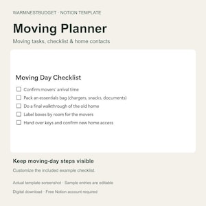 May include: A digital Notion template titled Moving Planner by Warmnestbudget. The interface displays a Moving Day Checklist with five tasks including confirming movers, packing an essentials bag, and a final home walkthrough.