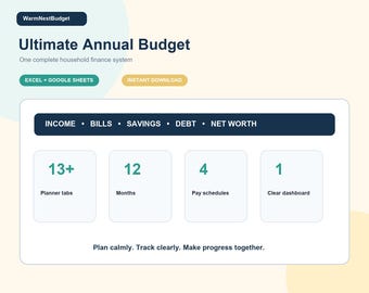 Ultimate Annual Budget Spreadsheet, Monthly Paycheck Budget Debt Payoff Tracker, Sinking Funds Net Worth Planner, Excel Google Sheets