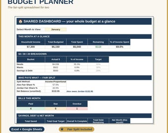 Budget Spreadsheet for Couples & Families, Fair Split Bill Tracker, Excel Google Sheets Budget Planner, Income Expense Tracker