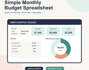 Simple Monthly Budget Spreadsheet, Beginner-Friendly Tracker (Digital Download), Zero Based Budget Excel Google Sheets