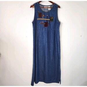 Vintage 90s Denim Maxi Dress L Floral Embroidered Patchwork Boho Grandmacore