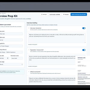 May include: A digital interface for an Interview Prep Kit displaying input fields for candidate and job details including company name Northstar Labs, candidate Jordan Lee, and role Senior Product Designer, alongside editable interview briefing scripts.