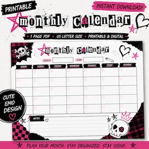 May include: A printable monthly calendar template featuring a black and white color scheme with pink accents. The design includes a skull and crossbones, a heart, stars, and a safety pin graphic. It has a grid for days, a notes section, and text.