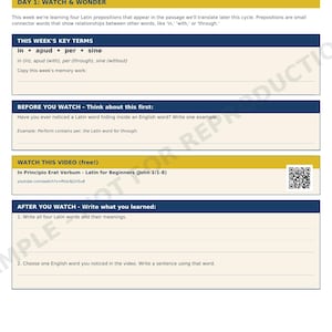 May include: A white educational worksheet titled Latin Prepositions, Day 1: Watch & Wonder. It features sections for key terms, pre-watch reflection, a QR code for a video, and post-watch writing prompts, with a progress bar at the bottom.