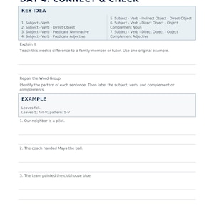 May include: A white educational worksheet titled Week 24 Seven Sentence Patterns Day 4 Connect and Check. It lists seven sentence patterns, instructions to explain the difference, and a section to repair word groups with three numbered examples.