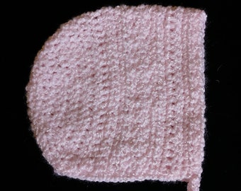 Vintage style pink crocheted baby bonnet cotton bamboo blend