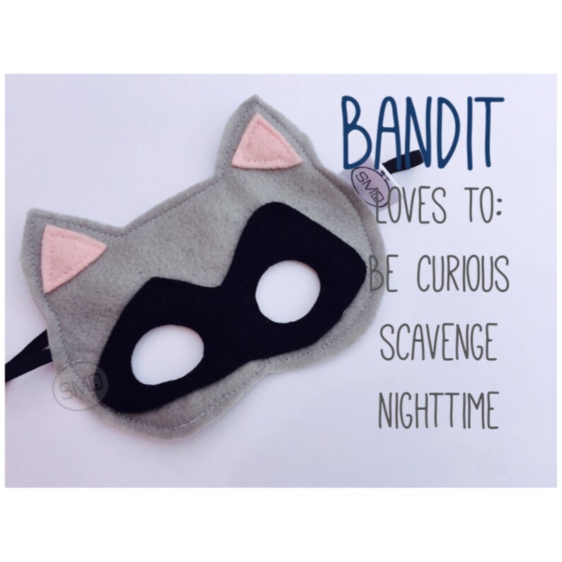 Bandit Raccoon Mask Woodland, Felt Mask, Child's Mask, Forest, Party Favor, Dress Up, Pretend Play, Costume, Christmas, Halloween, Present image 2
