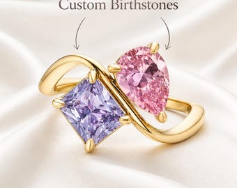 Personalized Two Birthstone Ring, Custom Oval & Rectangle Birthstone Ring, Gold or Silver