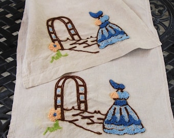 Towels, Set of Towels, Victorian guest towels, Southern belle towels, pair of towels, LInen Towels, Tea Stained towels, hand embroidered
