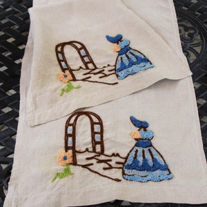 Hand Embroidered Linen Towel Set: Vintage Southern Belle Guest Towels