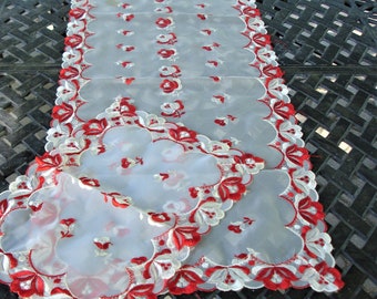 Table runner and doily set, red and white, Dresser linens, table linens, Chiffon table set, 1960s vintage decor,  Schiffli embroidery,