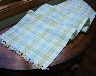 Tablerunner, Kitchen runner, Sideboard runner, cotton runner, plaid, table linens, kitchen linens, green and blue, oblong, housewarming gift