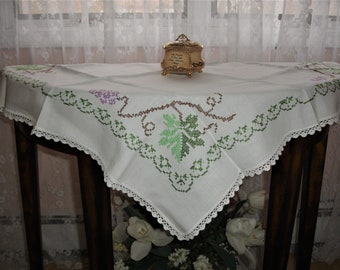 Table cover, hand embroidered,  table topper, cross stitched, green and white, country chic, farmhouse decor, 31x34, linen table cover,