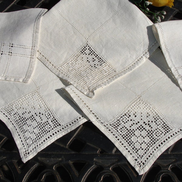 Servilletas de lino Shabby Chic lote de 5 detalle de encaje de ganchillo de la mano