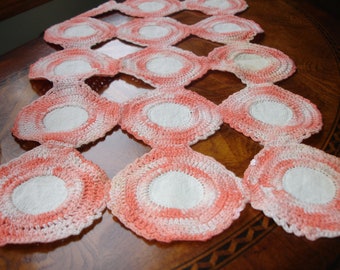 Table runner, hand crocheted runner, centerpiece doily, small runner, oblong, organge and white, vintage 1960s, retro decor, mid century,