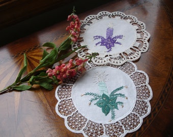 Doilies,  pair of doilies, Christmas doilies, Holiday doilies, embroidered, Christmas candles, round doilies, pair of two, table linens,