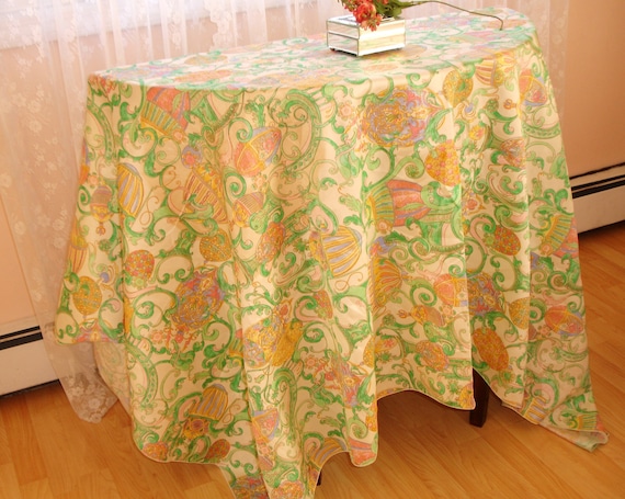 Vintage Pastel Easter Tablecloth: 1990s Holiday Linens (61x81")