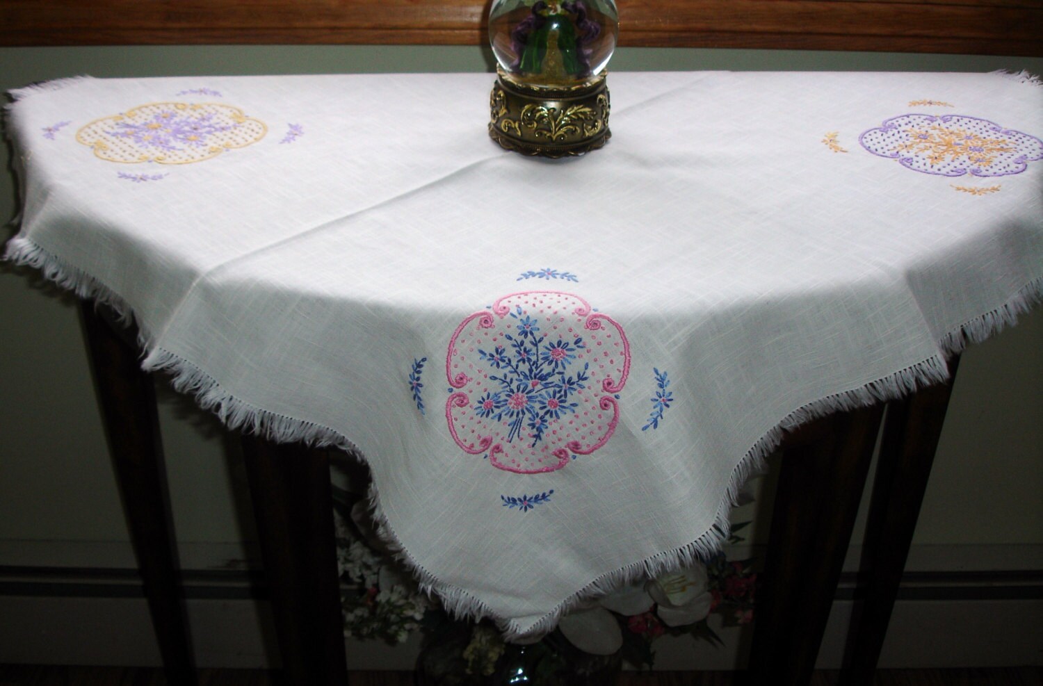 Linen Table Cover Embroidered Detaling Cottage Chic, Fringe Edge