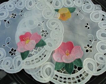 Doilies, Pair of doilies, floral chiffon doilies, battenburg lace edging, cottage chic, summer linen, round doilies, table linens home decor