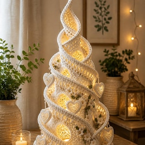 Peut inclure: Une sculpture d'arbre en crochet blanc cassé en forme de spirale, illuminée de l'intérieur par des lumières chaudes. La structure est ornée de petits cœurs en crochet et de délicates fleurs blanches, créant un aspect texturé et superposé.