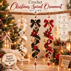Puede incluir: Tres adornos navideños en espiral de ganchillo en blanco, negro y rojo, cada uno con un lazo, flores de pascua, cuentas y un colgante. El texto dice Crochet Christmas Spiral Ornament Pattern, Instant Digital Download y Handmade Happiness.