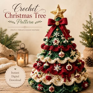 May include: A crocheted Christmas tree with tiered green, red, and cream ruffles, decorated with small crocheted ornaments and a gold star topper. Text reads: Crochet Christmas Tree Pattern, CREATE A TIMELESS HOLIDAY KEEPSAKE, Instant Digital Download.