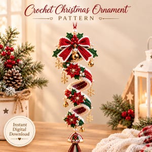 May include: A spiral crochet Christmas ornament featuring red and white ribbons, green holly leaves, red berries, gold snowflakes, and small gold bells. The text reads Crochet Christmas Ornament PATTERN and Instant Digital Download.