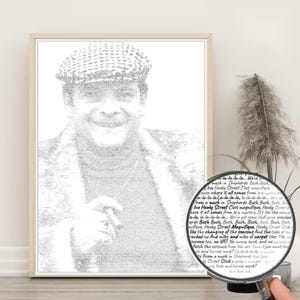 May include: A framed portrait of a person wearing a flat cap, created entirely from small black text on a white background. A circular magnifying glass is positioned over the lower right corner, revealing the repeating lyrics and phrases.