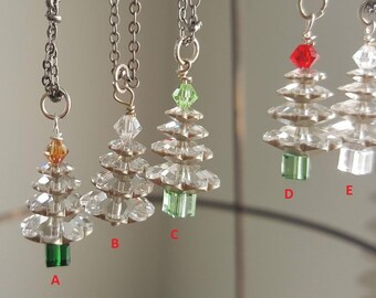 Swarovski Crystal Holiday Folied Christmas Tree Necklaces / Red, Green, Topaz Crystal / Holiday Sparkle