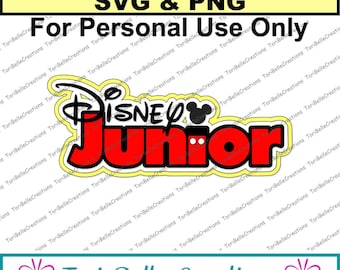 May include: A digital download of a red and yellow Disney Junior logo with Mickey Mouse ears. The logo is outlined in black and has a white background.