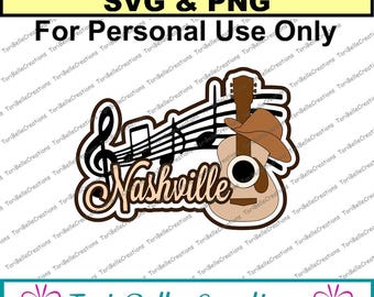 May include: A digital download of a black and white illustration of a guitar with a cowboy hat, musical notes, and the word "Nashville" in brown text. The background is white.