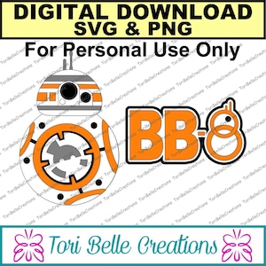 May include: A digital download of a white and orange BB-8 character from Star Wars. The character is depicted with a large round body and a smaller round head. The text "BB-8" is written in orange and white letters.