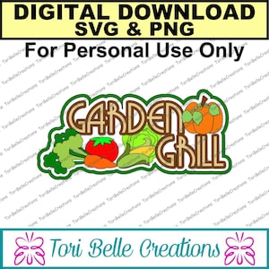 Może przedstawiać: Zielony i brązowy projekt graficzny z tekstem "GARDEN GRILL" w retro czcionce. Projekt zawiera pomidora, marchewkę, brokuły, kukurydzę i dynię.