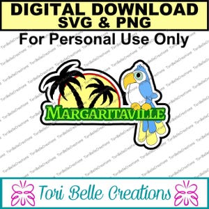 以下が含まれることがあります： 青い体と黄色いくちばしを持つオニオオハシ、2本のヤシの木、黄色い太陽、そして「MARGARITAVILLE」という文字が描かれたカラフルなSVGとPNGファイルのデジタルダウンロードです。背景は白で、下部に「Tori Belle Creations」という文字があります。