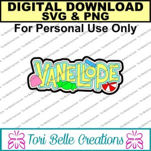 May include: A digital download of a colorful SVG and PNG file featuring the name "Vanellope" in a cartoon style with candy and beach-themed decorations. The text "For Personal Use Only" is also included.