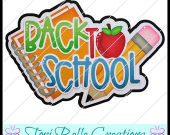 May include: A decorative cutout featuring the text BACK TO SCHOOL in green and blue letters. The design includes a spiral-bound orange notebook, a red apple with green leaves, and a yellow pencil with a pink eraser, all outlined in black.