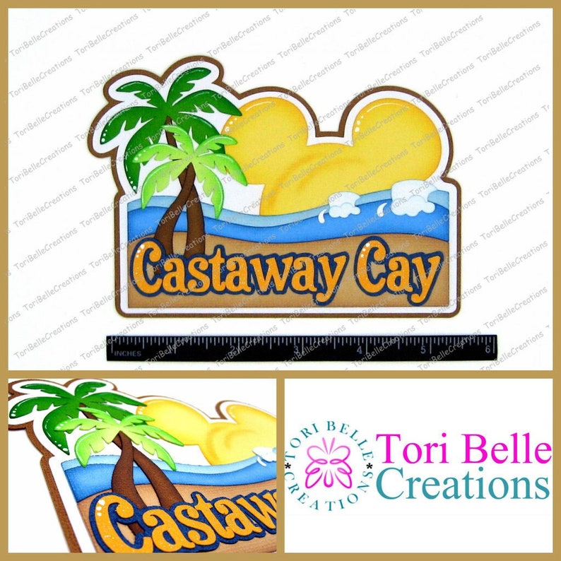 May include: A brown and tan sign with the text "Castaway Cay" in yellow and blue letters. The sign features a cartoon Mickey Mouse head with a yellow sun and two palm trees. The sign is approximately 6 inches wide.